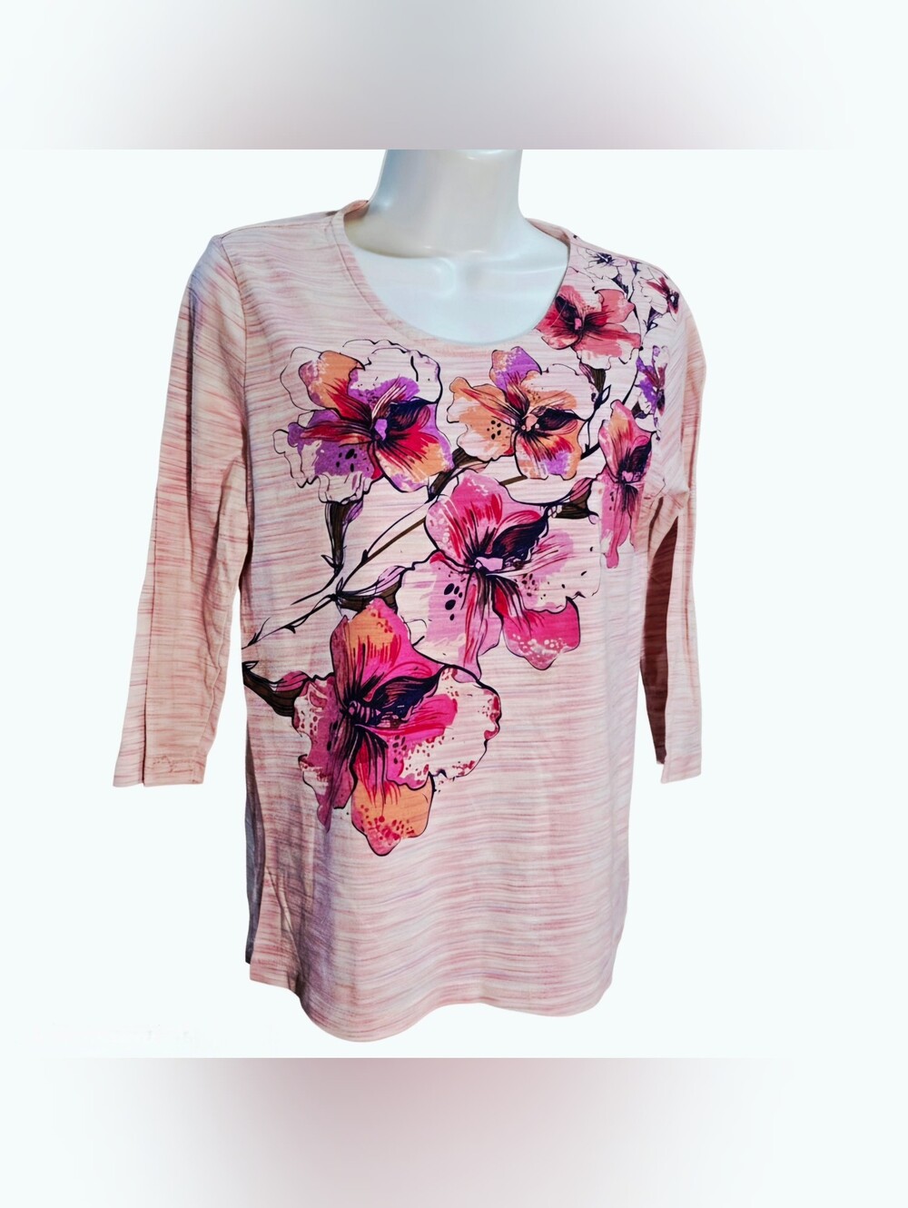 White Stag Pink Space Dye Floral Graphic 3/4 Sleeve Scoop Neck Top S Peasant